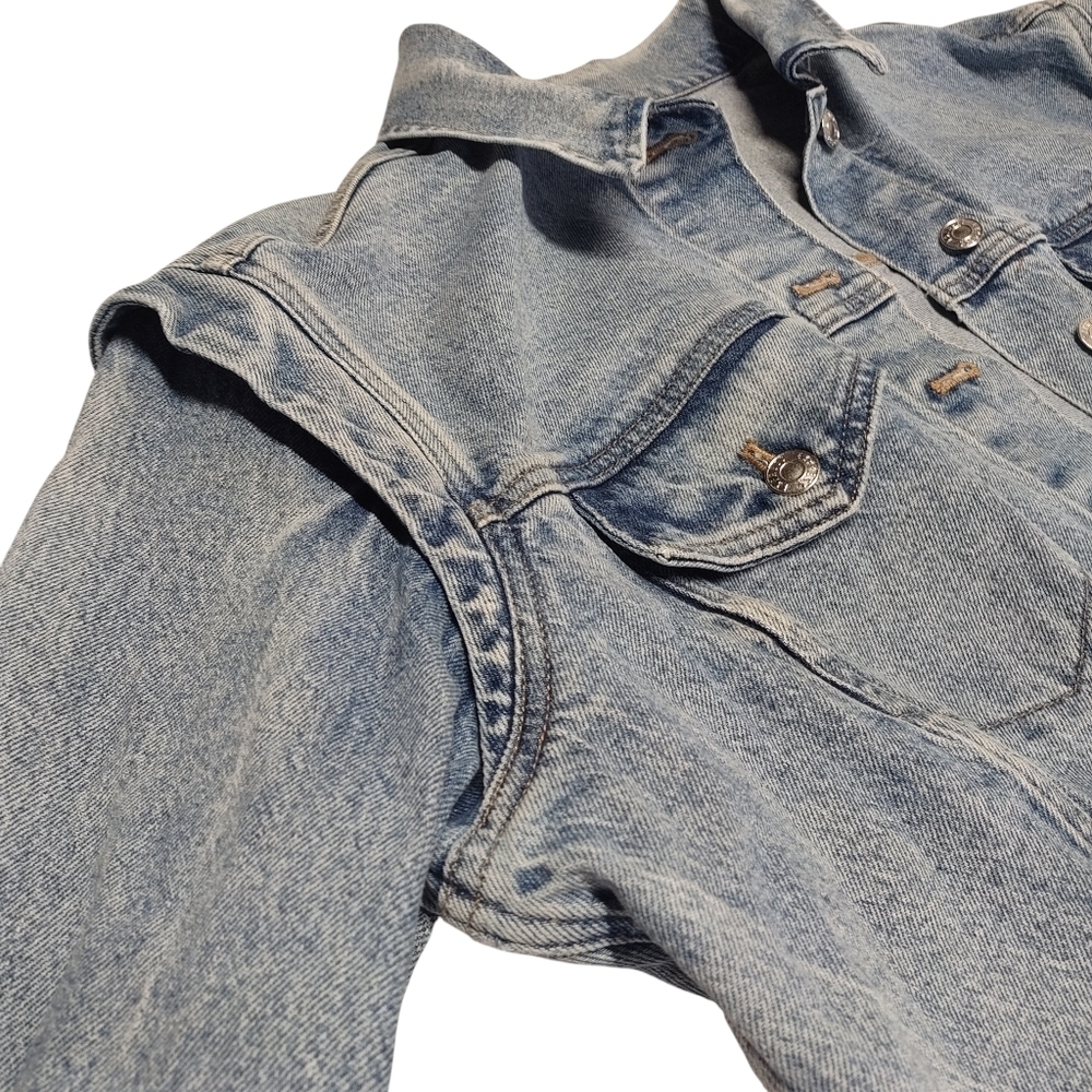 Express Women's Blue Layered Cap Sleeve Cropped Denim Jean Jacket  Size Large - Picture 8 of 12